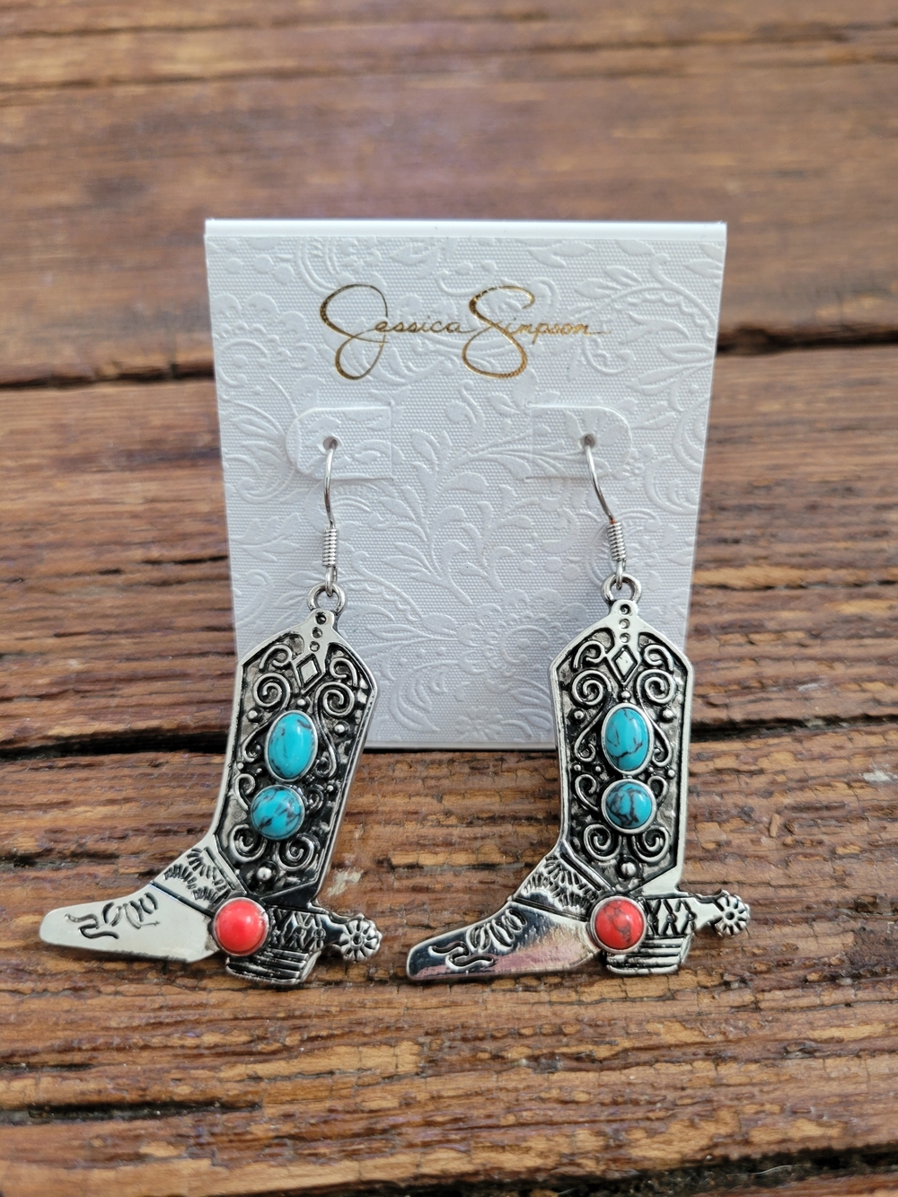 Jessica Simpson Turquoise & Red Cowboy Boot Dangle Earrings